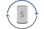 Icon of oil barrel containing dollar symbol circled in arrows